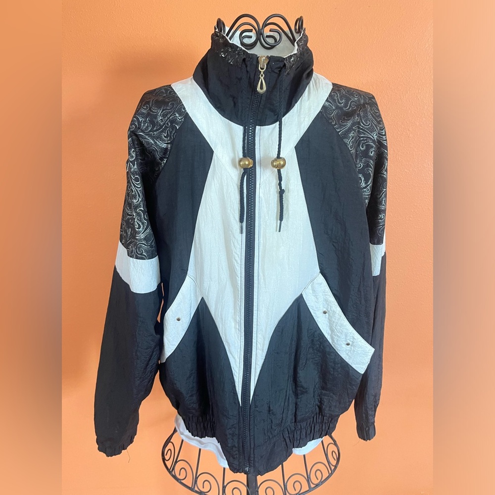 Vintage 90s Color Block Windbreaker Black White Size Small Retro Hipster Vtg 80s